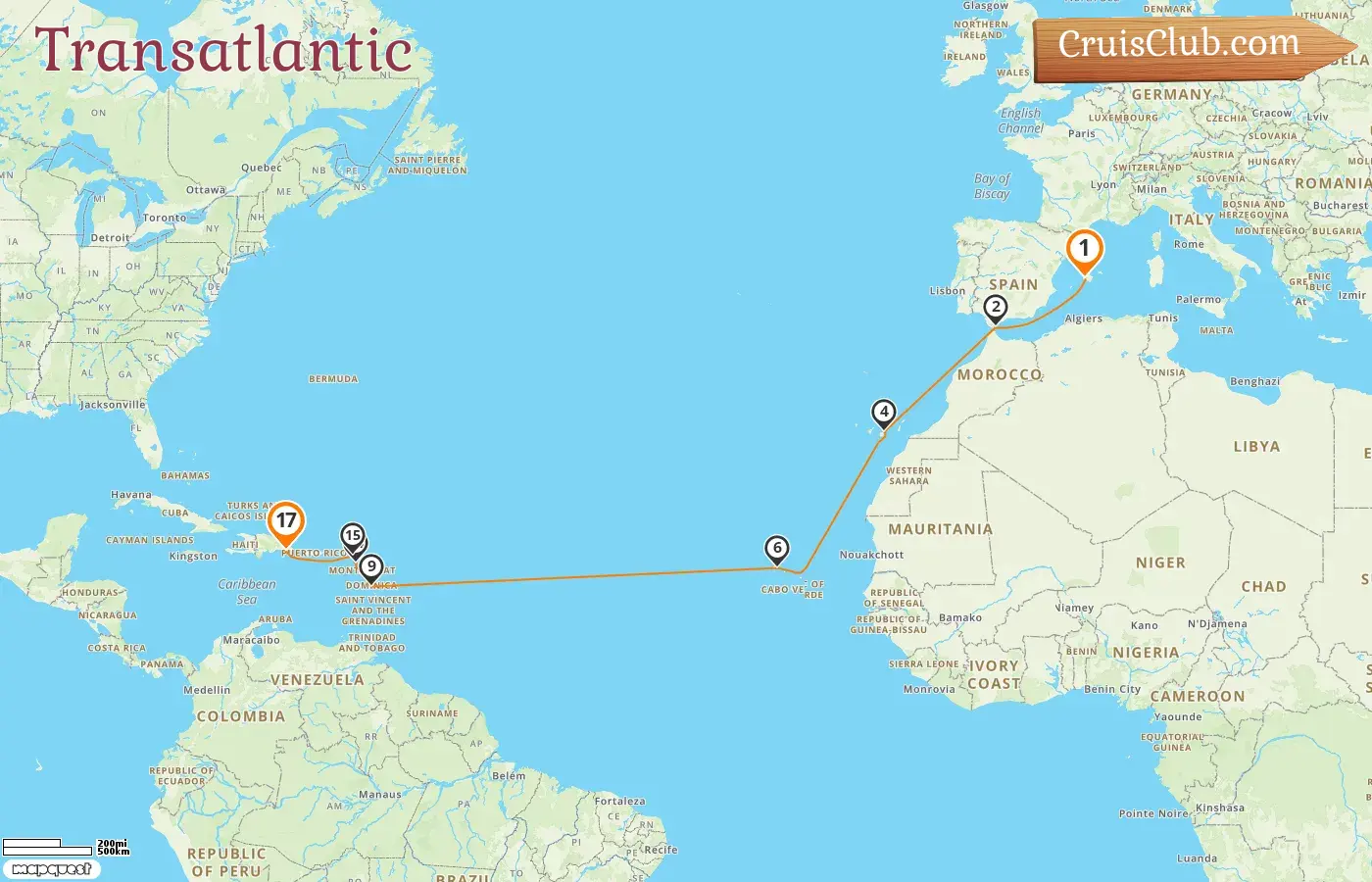 Cruise in the Transatlantic from Palma to La Romana aboard Mein Schiff 5 ship with visits to Spain and Gibraltar for 17 days