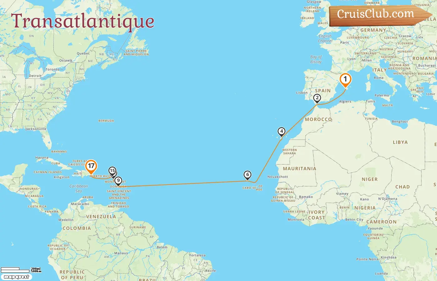 Croisière Transatlantique de Palma à La Romana à bord du navire Mein Schiff 5 avec des visites en Espagne et à Gibraltar pendant 17 jours