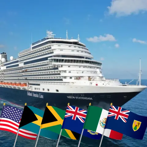 Cruise in the Caribbean from Fort Lauderdale aboard Nieuw Statendam ship with visits to USA, Bahamas, Jamaica, Cayman Islands, Mexico, and Dominican Republic for 15 days