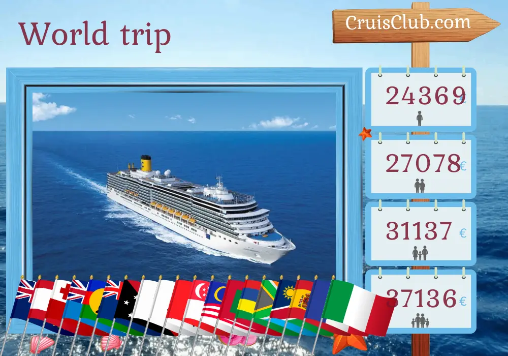 Cruise in the World trip from San Antonio to Savona aboard Costa Deliziosa ship with visits to Chile, Pitcairn, French Polynesia, Samoa, Tonga, Fiji, Vanuatu, New Caledonia, Australia, Papua New Guinea, Japan, South Korea, Taiwan, Hong Kong, Viet Nam, Singapore, Malaysia, Sri Lanka, Maldives, Mauritius, South Africa, Namibia, Spain, France, and Italy for 105 days