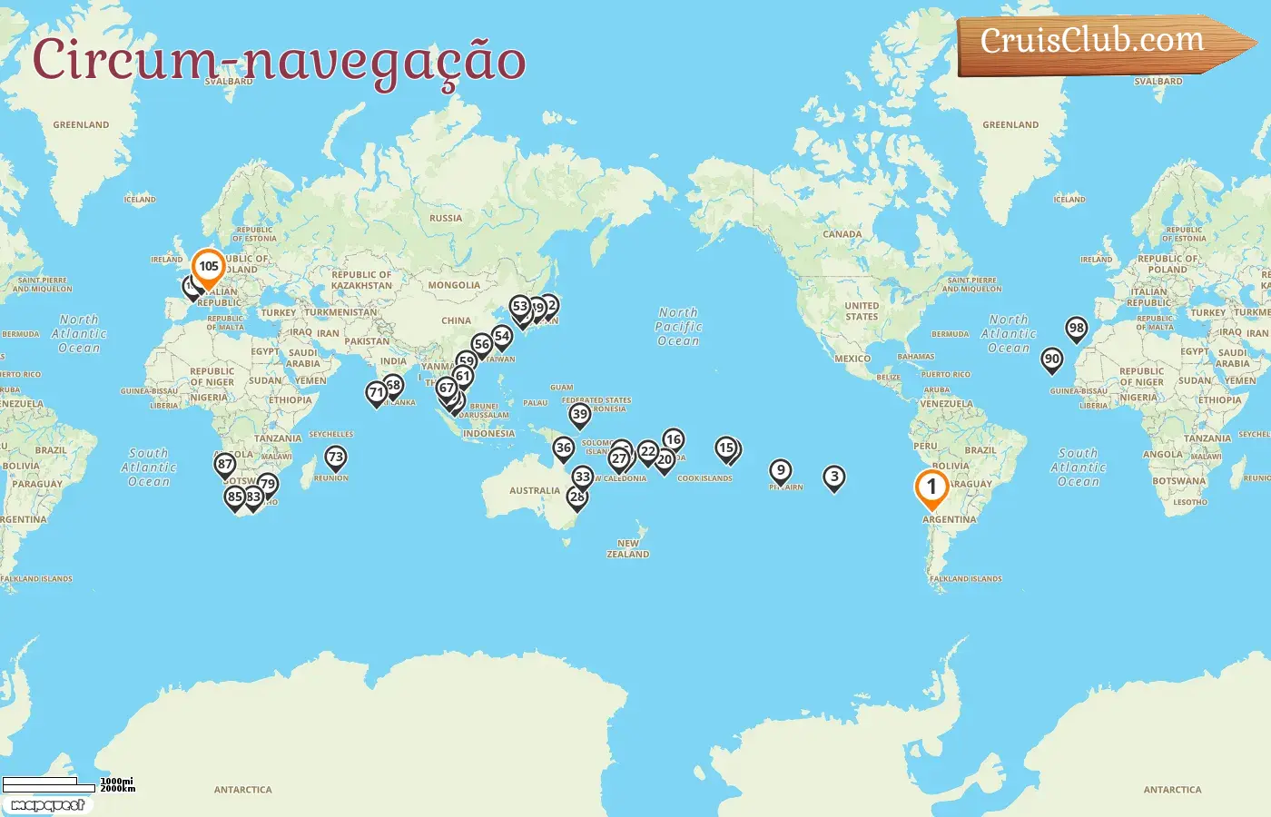 Cruzeiro na viagem ao redor do mundo de San Antonio a Savona a bordo do navio Costa Deliziosa com visitas ao Chile, Pitcairn, Polinésia Francesa, Samoa, Tonga, Fiji, Vanuatu, Nova Caledônia, Austrália, Papua Nova Guiné, Japão, Coreia do Sul, Taiwan, Hong Kong, Vietnã, Cingapura, Malásia, Sri Lanka, Maldivas, Maurício, África do Sul, Namíbia, Espanha, França e Itália por 105 dias