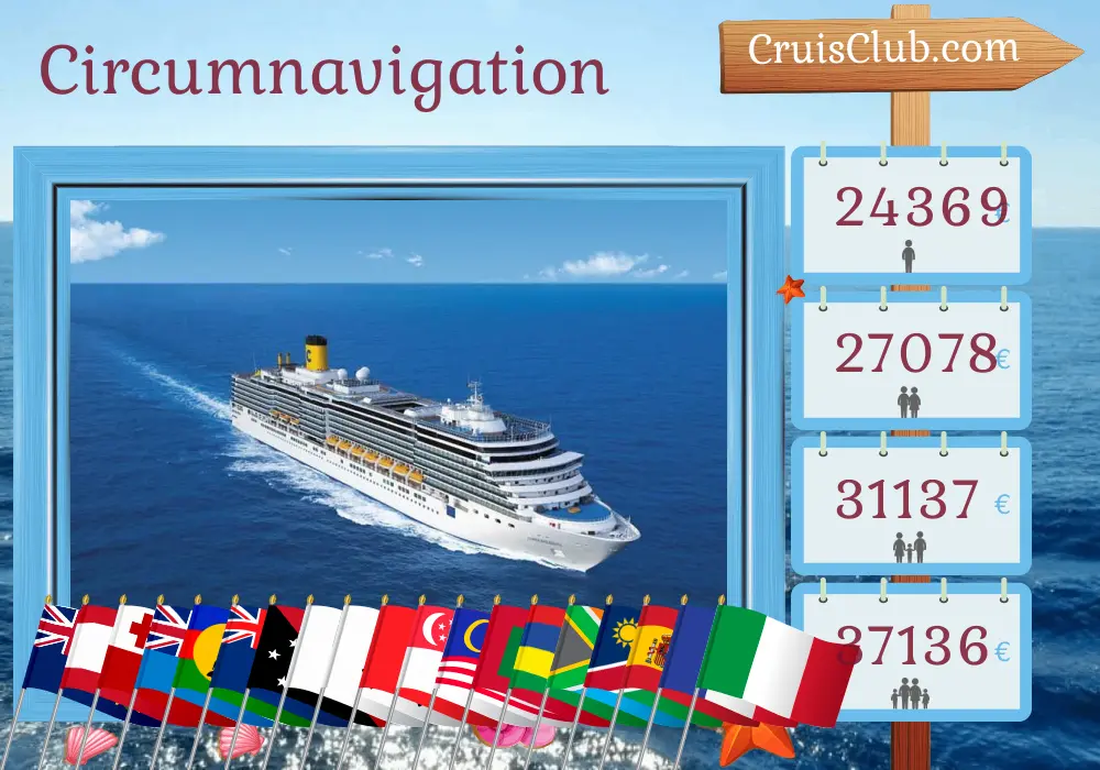 Croisière dans le monde de San Antonio à Savone à bord du navire Costa Deliziosa avec des escales au Chili, à Pitcairn, en Polynésie française, aux Samoa, aux Tonga, aux Fidji, au Vanuatu, en Nouvelle-Calédonie, en Australie, en Papouasie-Nouvelle-Guinée, au Japon, en Corée du Sud, à Taïwan, à Hong Kong, au Vietnam, à Singapour, en Malaisie, au Sri Lanka, aux Maldives, à Maurice, en Afrique du Sud, en Namibie, en Espagne, en France et en Italie pendant 105 jours