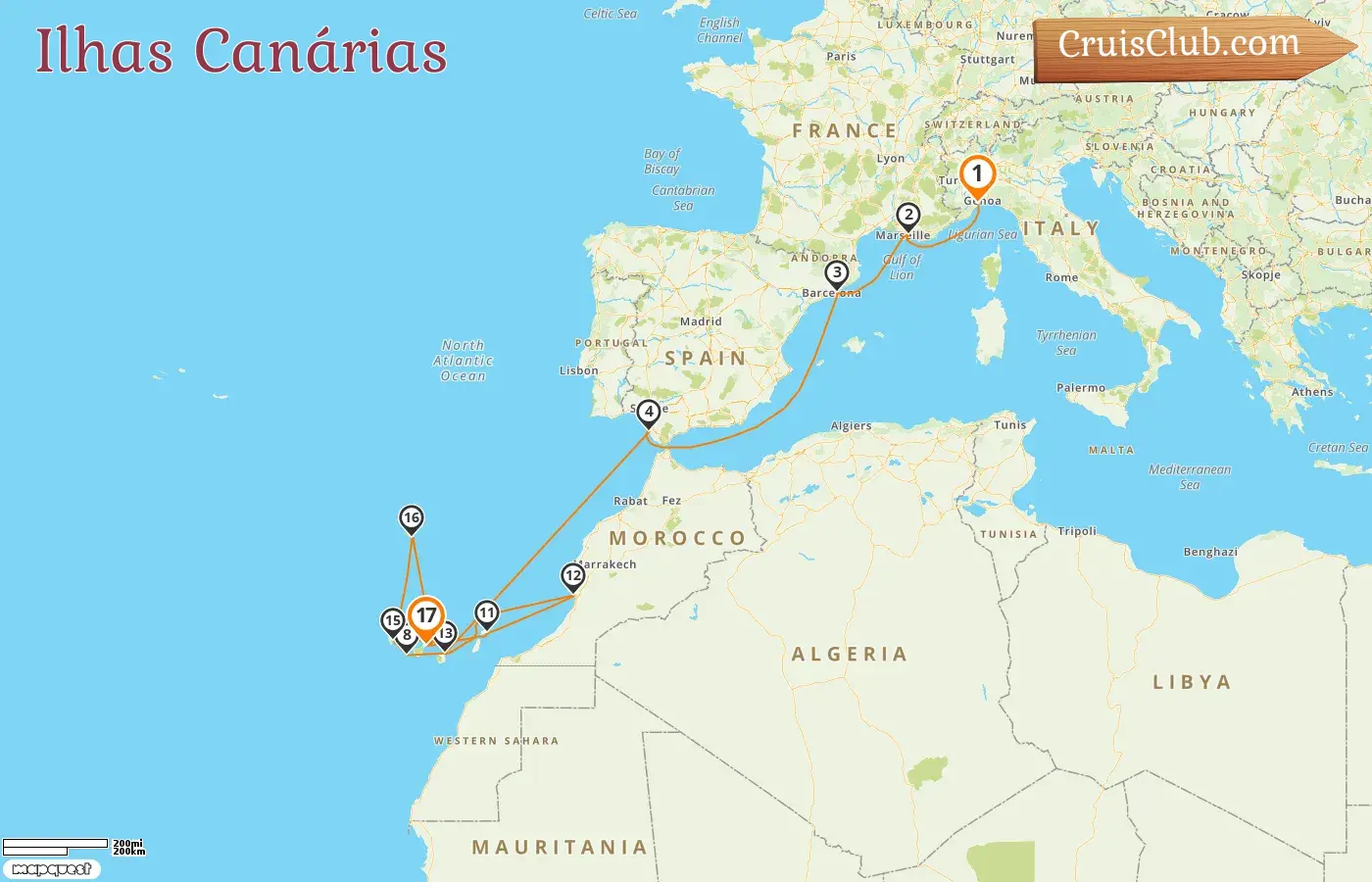 Cruzeiro nas Ilhas Canárias de Savona para Santa Cruz de Tenerife a bordo do navio Costa Fortuna com visitas à Itália, França, Espanha e Marrocos por 17 dias