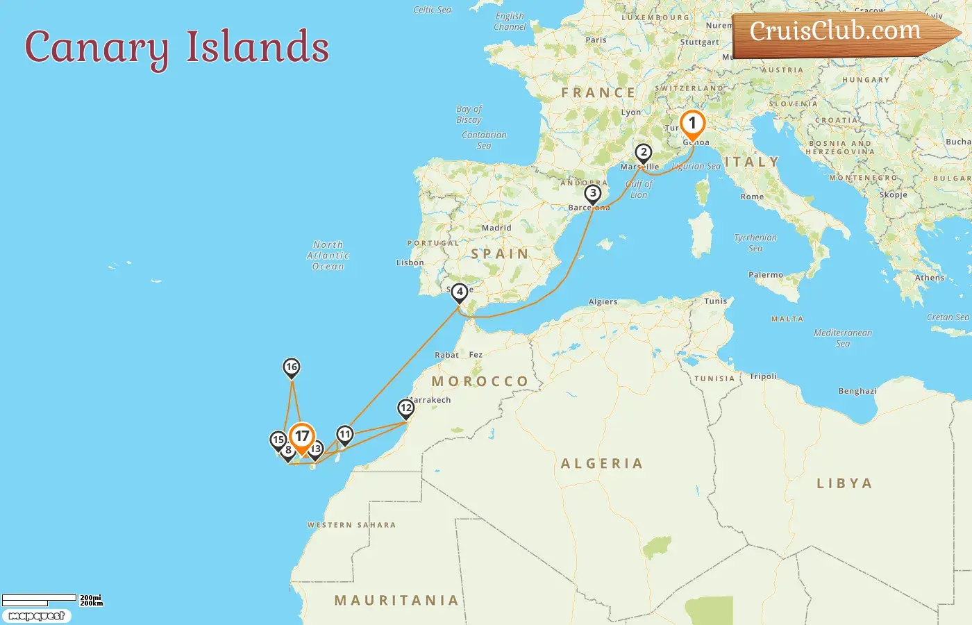 Cruise in the Canary Islands from Savona to Santa Cruz de Tenerife aboard Costa Fortuna ship with visits to Italy, France, Spain, and Morocco for 17 days