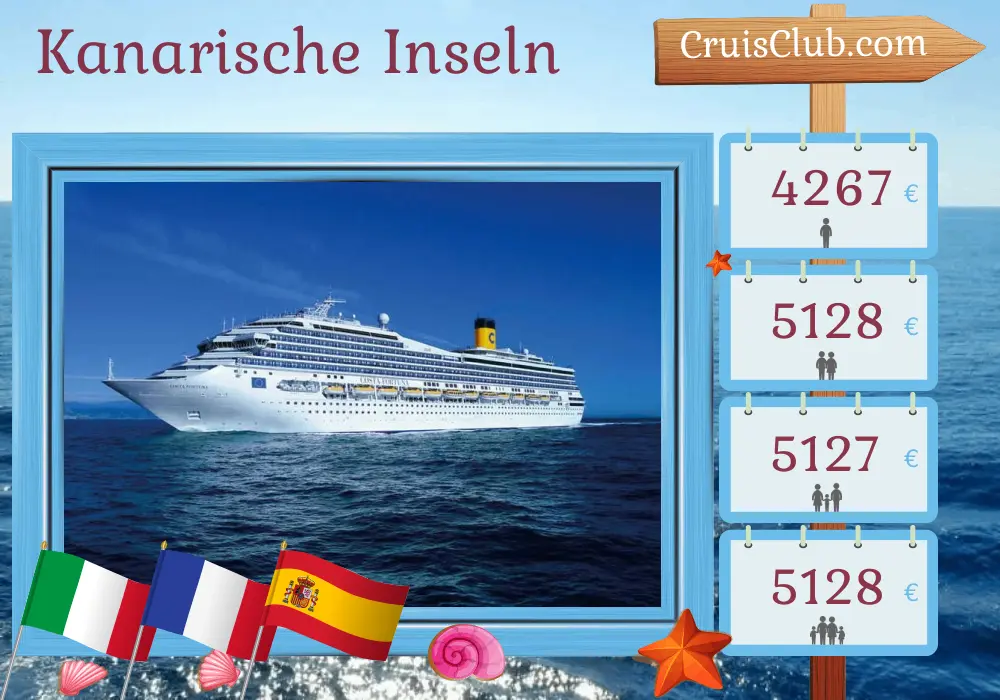 Kreuzfahrt in den Kanarischen Inseln von Savona nach Santa Cruz de Tenerife an Bord des Costa Fortuna Schiffes mit Stopps in Italien, Frankreich, Spanien und Marokko für 17 Tage