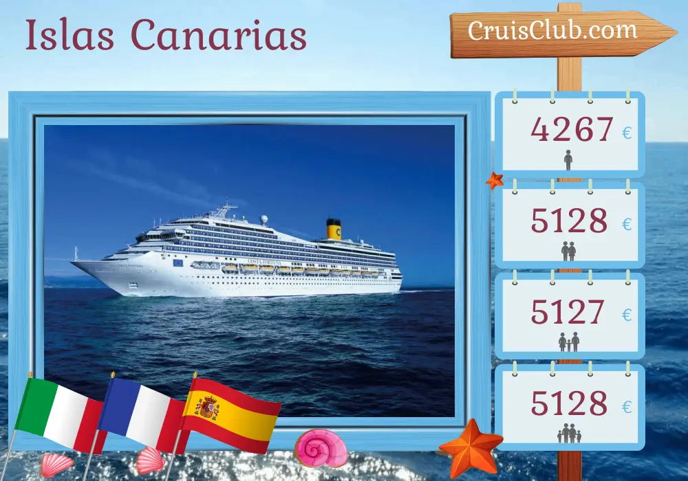 Crucero por las Islas Canarias de Savona a Santa Cruz de Tenerife a bordo del barco Costa Fortuna con visitas a Italia, Francia, España y Marruecos durante 17 días