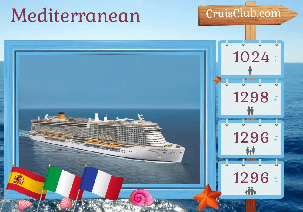 Cruise in the Mediterranean from Barcelona aboard Costa Smeralda ship with visits to Spain, Tunisia, Italy, and France for 8 days