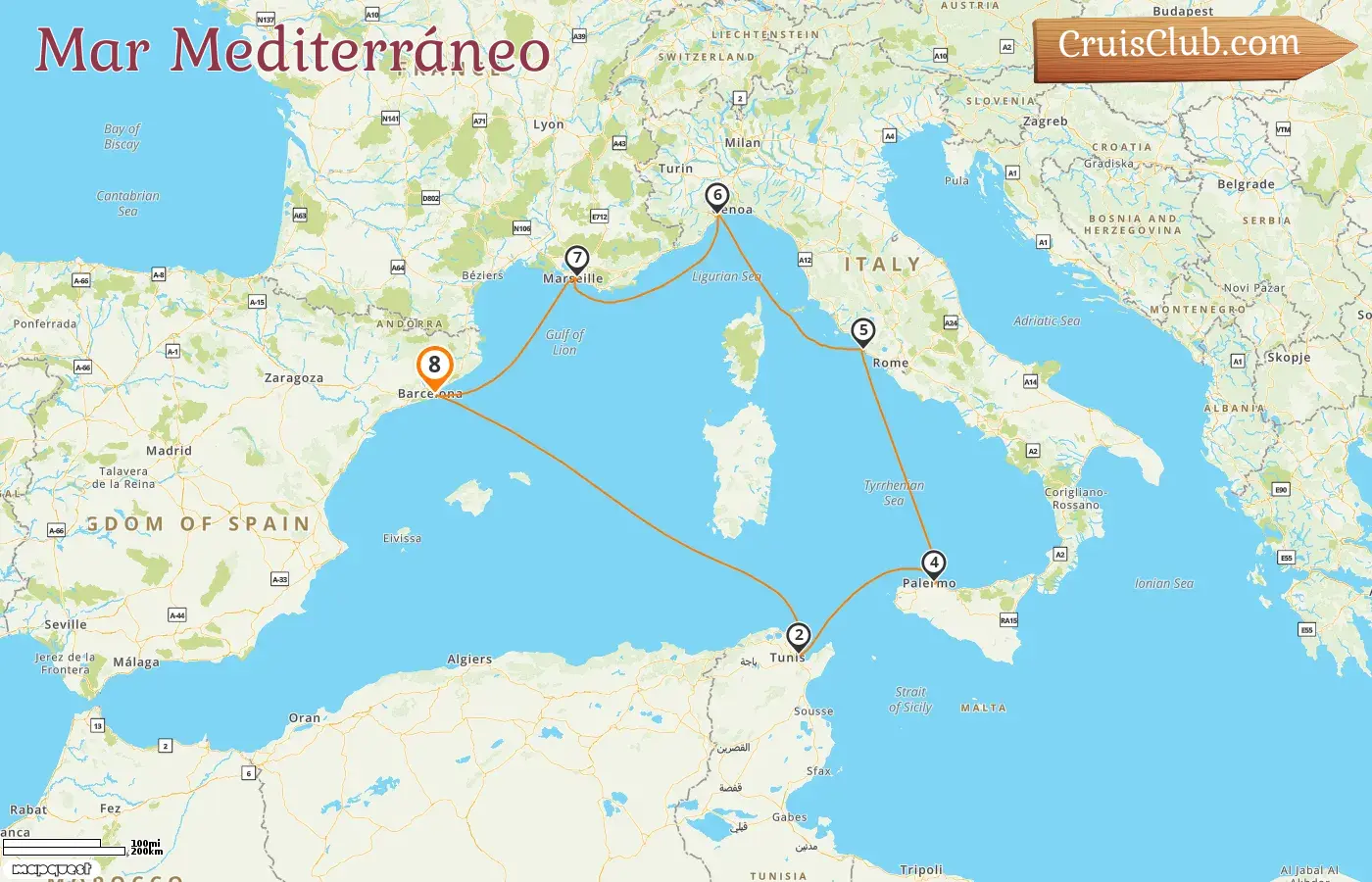 Crucero por el Mediterráneo desde Barcelona a bordo del barco Costa Smeralda con visitas a España, Túnez, Italia y Francia por 8 días