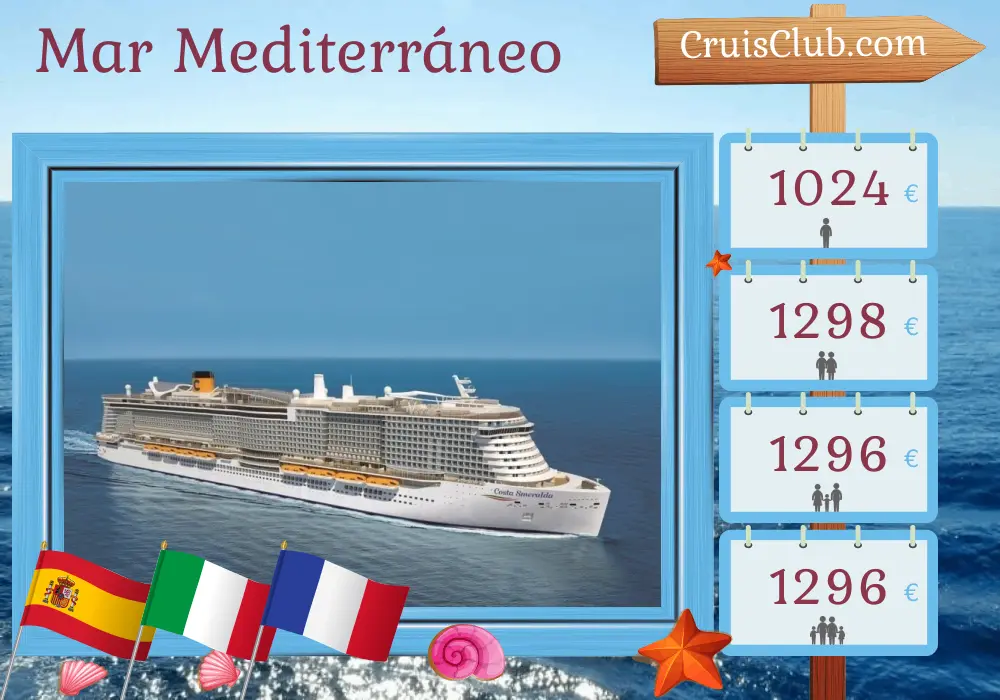 Crucero por el Mediterráneo desde Barcelona a bordo del barco Costa Smeralda con visitas a España, Túnez, Italia y Francia por 8 días