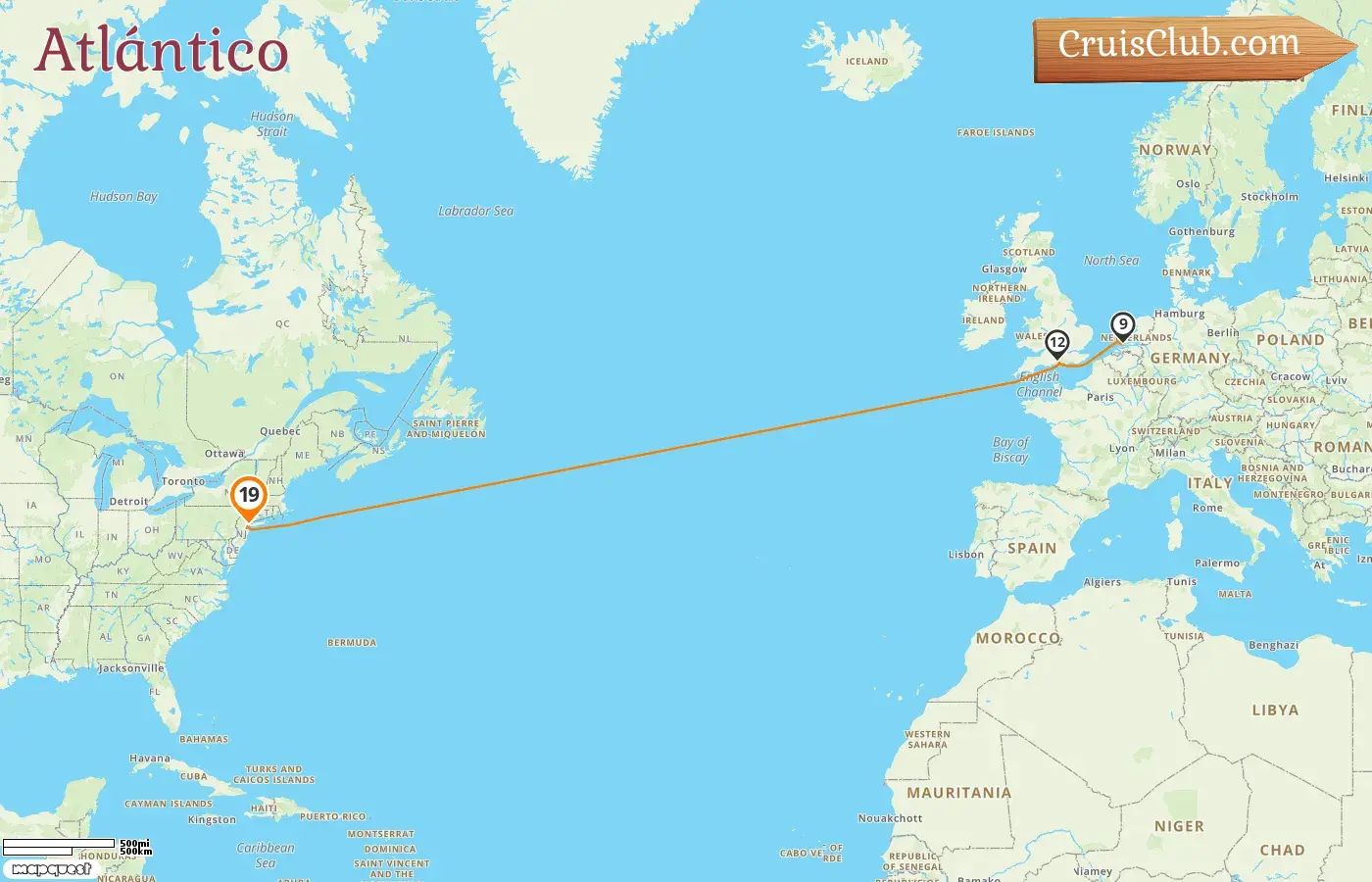 Crucero por el Transatlántico desde Nueva York a bordo del barco Queen Mary 2 con visitas a EE. UU. durante 19 días