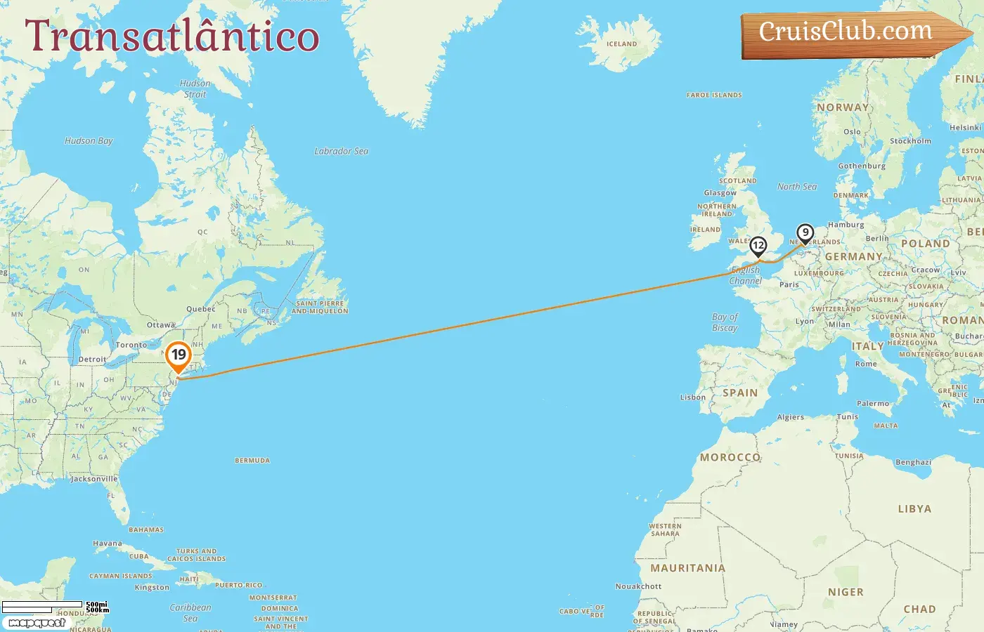 Cruzeiro no Transatlântico de Nova Iorque a bordo do navio Queen Mary 2 com visitas aos EUA por 19 dias