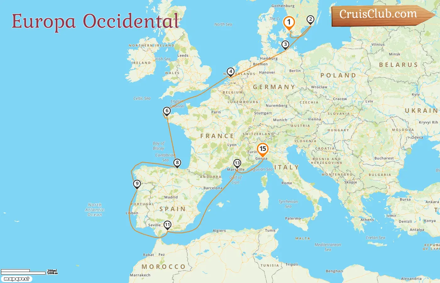 Crucero en Europa Occidental de Copenhague a Génova a bordo del barco MSC Magnifica con visitas a Dinamarca, Suecia, Alemania, Francia, España e Italia durante 15 días