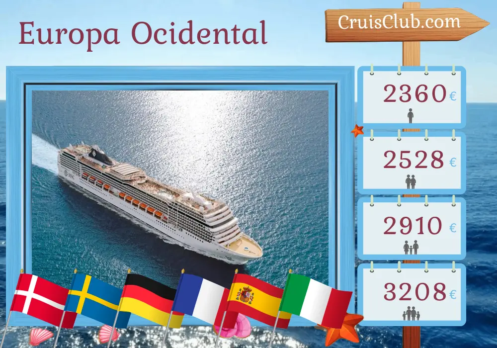 Cruzeiro na Europa Ocidental de Copenhague a Génova a bordo do navio MSC Magnifica com visitas à Dinamarca, Suécia, Alemanha, França, Espanha e Itália por 15 dias