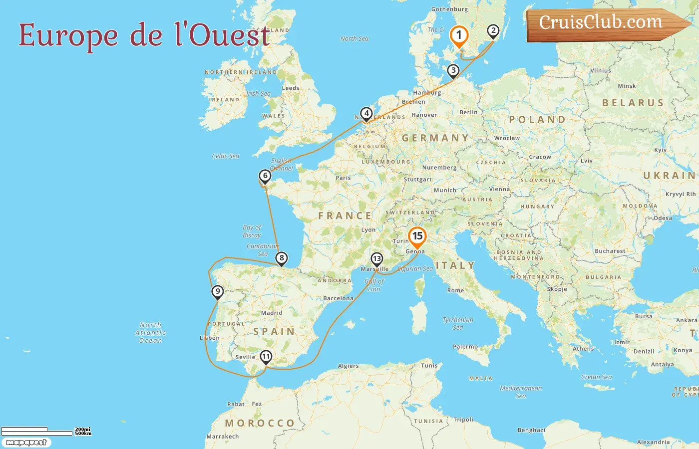 Croisière en Europe de l`Ouest de Copenhague à Gênes à bord du navire MSC Magnifica avec escales au Danemark, en Suède, en Allemagne, en France, en Espagne et en Italie pendant 15 jours