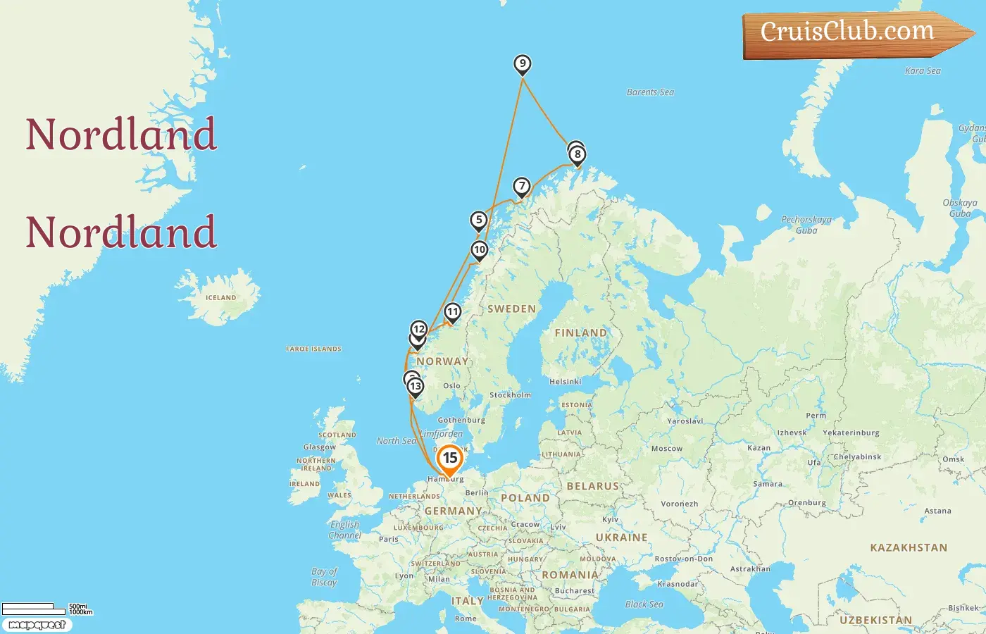 Cruzeiro no Norte a partir de Hamburgo a bordo do navio MS Hamburg com visitas à Alemanha e à Noruega por 15 dias