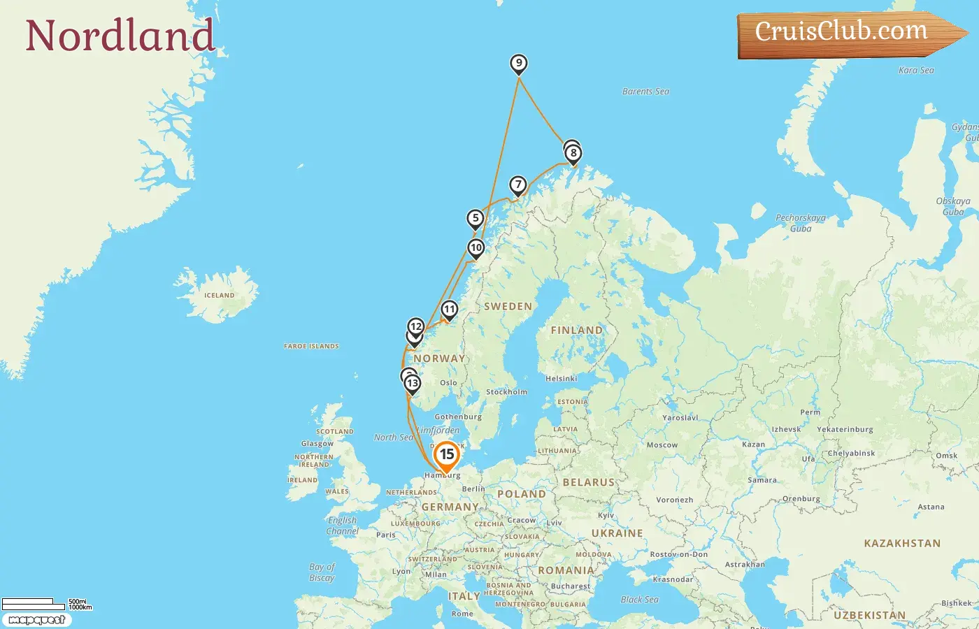 Kreuzfahrt in die Nordlande ab Hamburg an Bord des Schiffes MS Hamburg mit Besuchen in Deutschland und Norwegen für 15 Tage