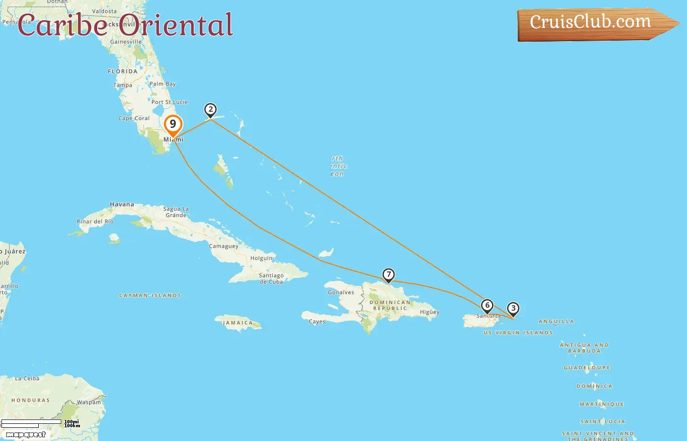 Crucero por el Caribe Oriental desde Miami a bordo del barco Carnival Celebration con visitas a Estados Unidos, Bahamas, Puerto Rico y República Dominicana durante 9 días