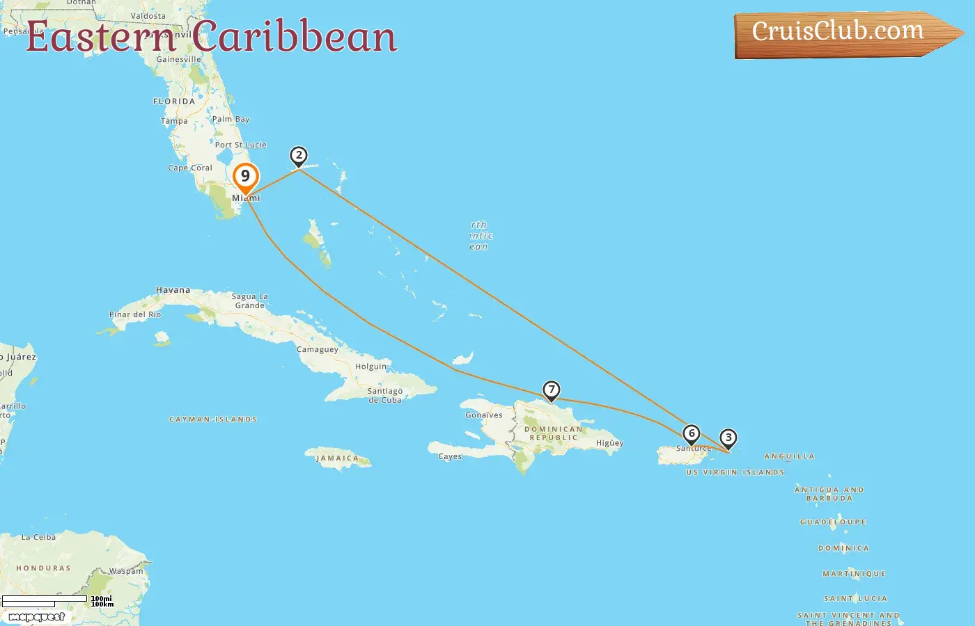 Cruise in the Eastern Caribbean from Miami aboard Carnival Celebration ship with visits to USA, Bahamas, Puerto Rico, and Dominican Republic for 9 days