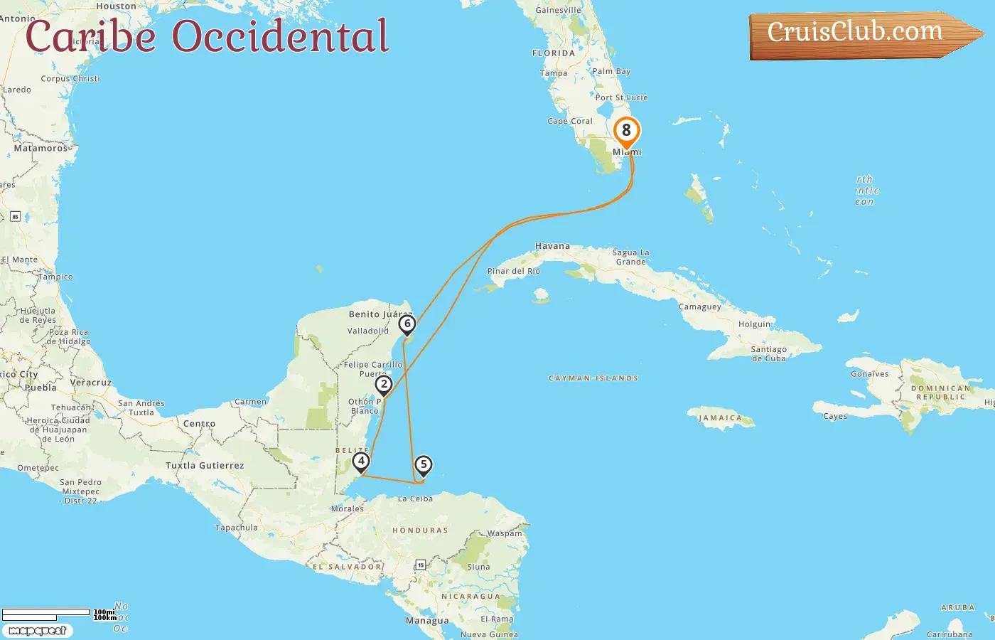 Crucero por el Caribe Occidental desde Miami a bordo del barco Oceania Marina con visitas a Estados Unidos, México, Belice y Honduras durante 8 días