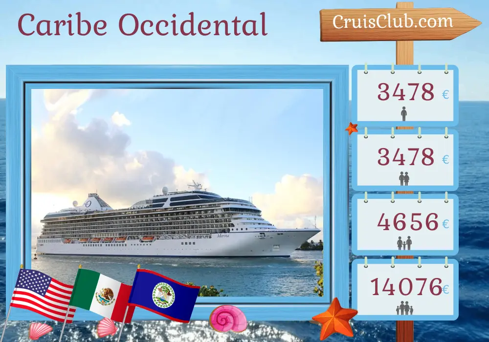 Crucero por el Caribe Occidental desde Miami a bordo del barco Oceania Marina con visitas a Estados Unidos, México, Belice y Honduras durante 8 días
