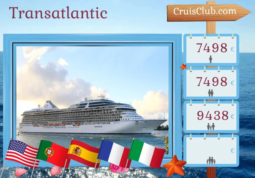 Cruise in the Transatlantic from Miami to Civitavecchia aboard Oceania Marina ship with visits to USA, Portugal, Spain, France, and Italy for 17 days
