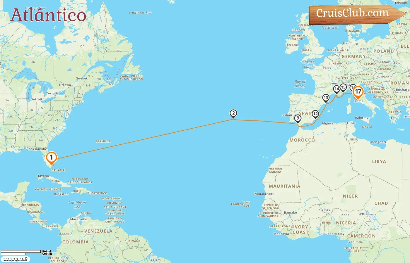 Crucero en el Transatlántico de Miami a Civitavecchia a bordo del barco Oceania Marina con visitas a EE. UU., Portugal, España, Francia e Italia durante 17 días