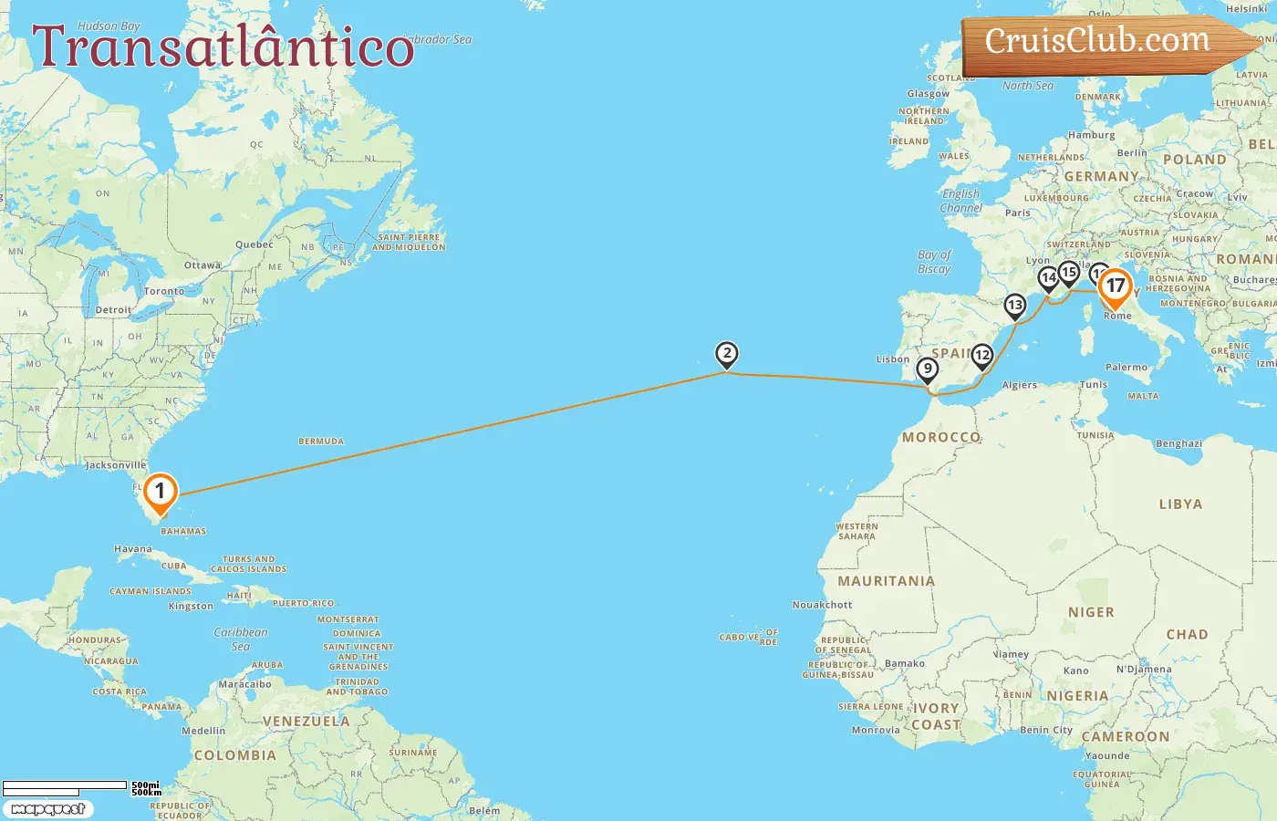 Cruzeiro no Transatlântico de Miami para Civitavecchia a bordo do navio Oceania Marina com visitas aos EUA, Portugal, Espanha, França e Itália por 17 dias