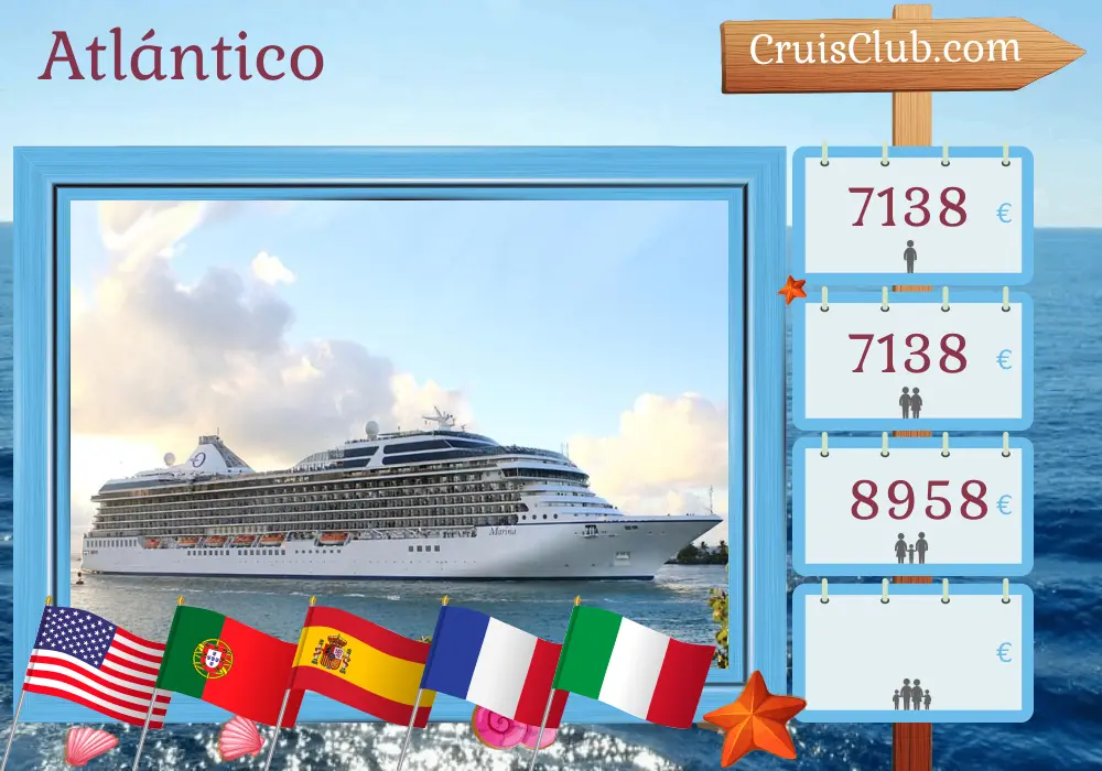 Crucero en el Transatlántico de Miami a Civitavecchia a bordo del barco Oceania Marina con visitas a EE. UU., Portugal, España, Francia e Italia durante 17 días