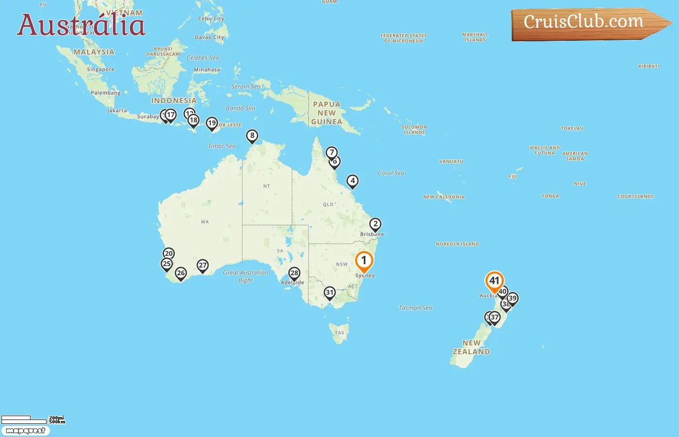 Cruzeiro na Austrália de Sydney para Auckland a bordo do navio Oceania Riviera com visitas à Austrália, Indonésia e Nova Zelândia por 41 dias