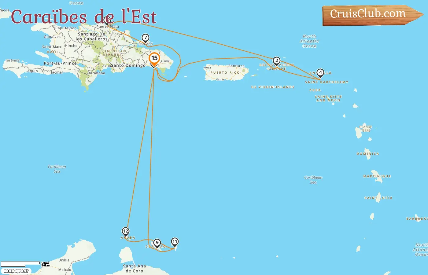 Croisière dans les Caraïbes de l`Est au départ de La Romana à bord du navire Mein Schiff 5 avec escales en République dominicaine, à Curaçao et à Aruba pendant 15 jours