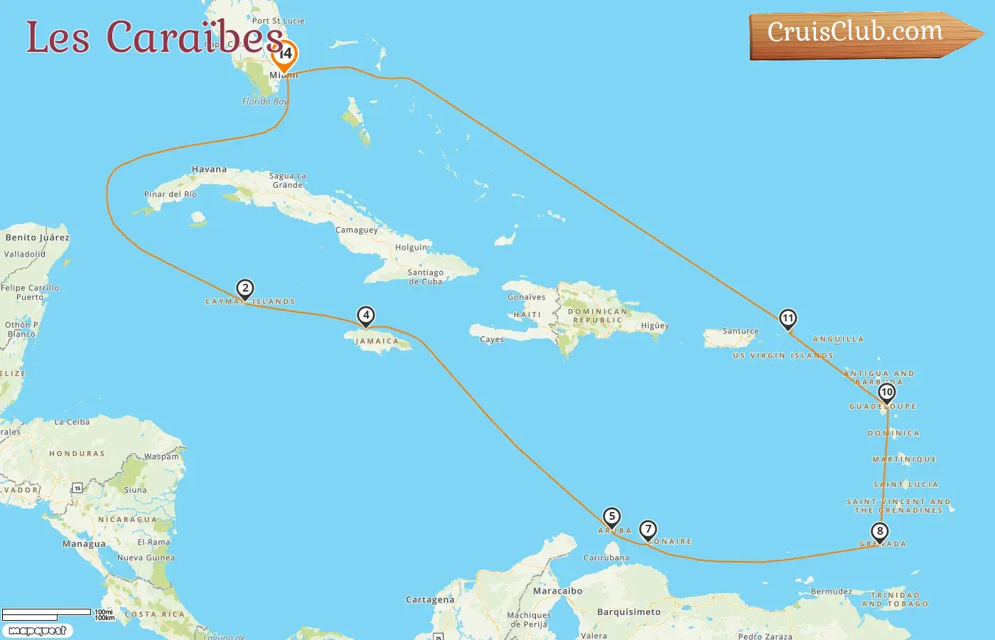 Croisière dans les Caraïbes au départ de Miami à bord du navire Oceania Allura avec escales aux États-Unis, aux îles Caïmans, en Jamaïque, à Aruba, à Curaçao, à la Grenade, en Guadeloupe et aux îles Vierges britanniques pendant 14 jours