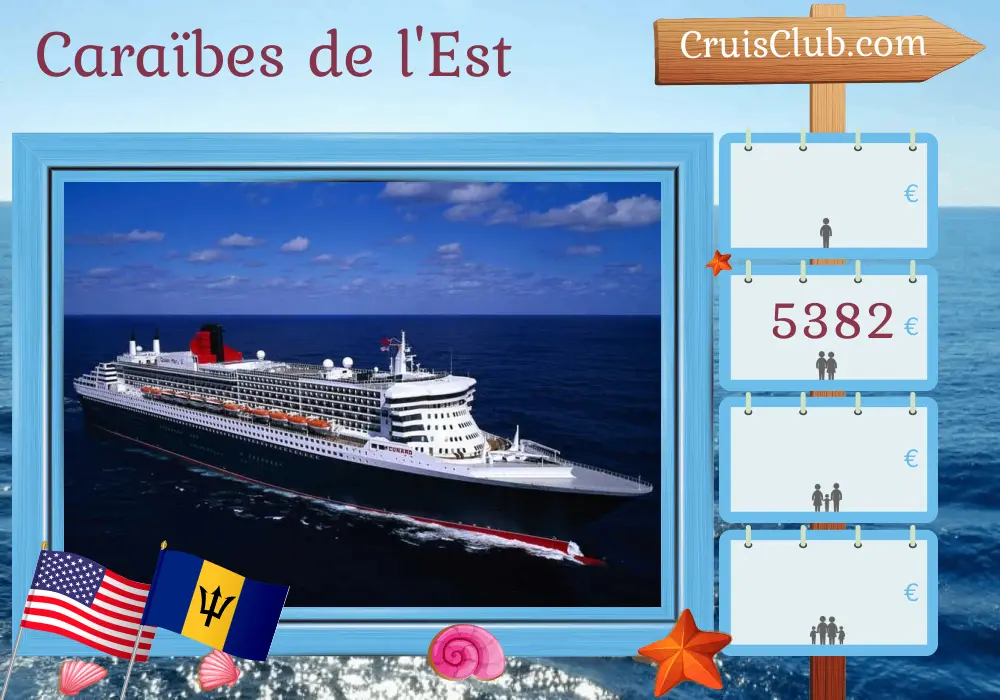 Croisière dans les Caraïbes de l`Est au départ de New York à bord du Queen Mary 2 avec escales aux États-Unis et à la Barbade pendant 14 jours