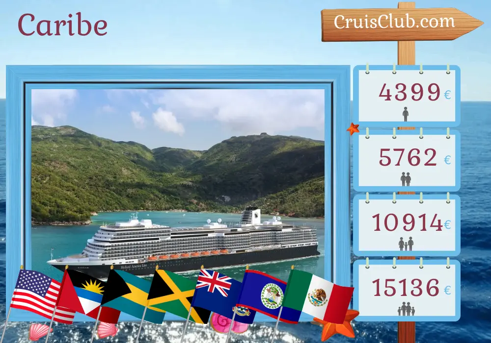 Cruzeiro no Caribe partindo de Fort Lauderdale a bordo do navio Rotterdam com visitas aos EUA, Bahamas, Jamaica, Ilhas Cayman, Honduras, Belize e México por 22 dias