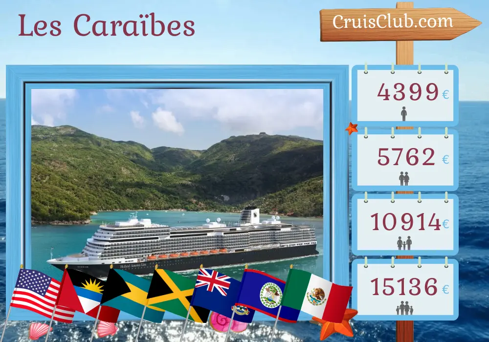 Croisière dans les Caraïbes au départ de Fort Lauderdale à bord du navire Rotterdam avec des visites aux États-Unis, aux Bahamas, en Jamaïque, aux îles Caïmans, au Honduras, au Belize et au Mexique pendant 22 jours