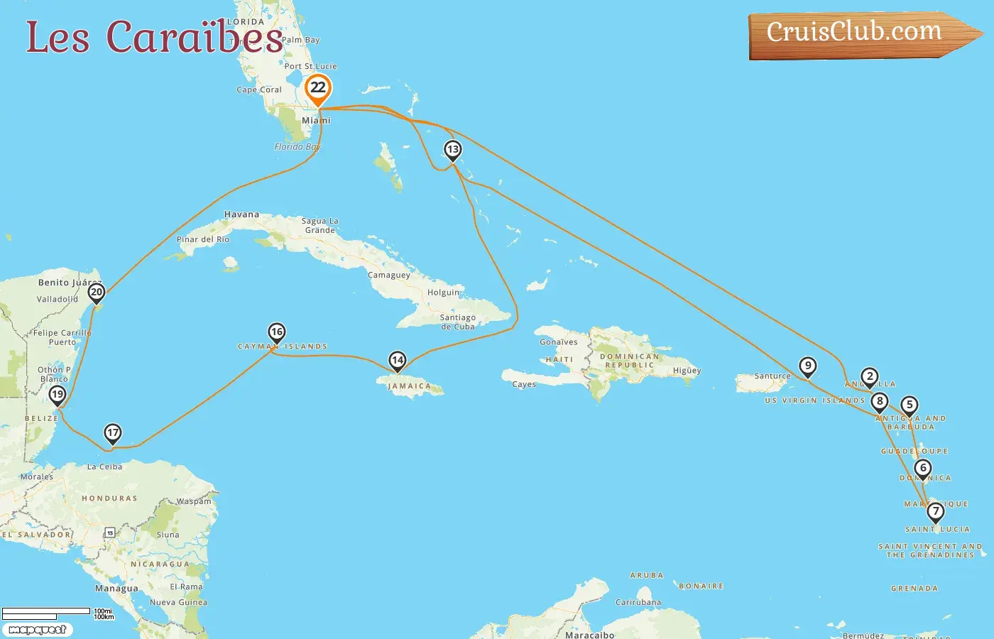 Croisière dans les Caraïbes au départ de Fort Lauderdale à bord du navire Rotterdam avec des visites aux États-Unis, aux Bahamas, en Jamaïque, aux îles Caïmans, au Honduras, au Belize et au Mexique pendant 22 jours