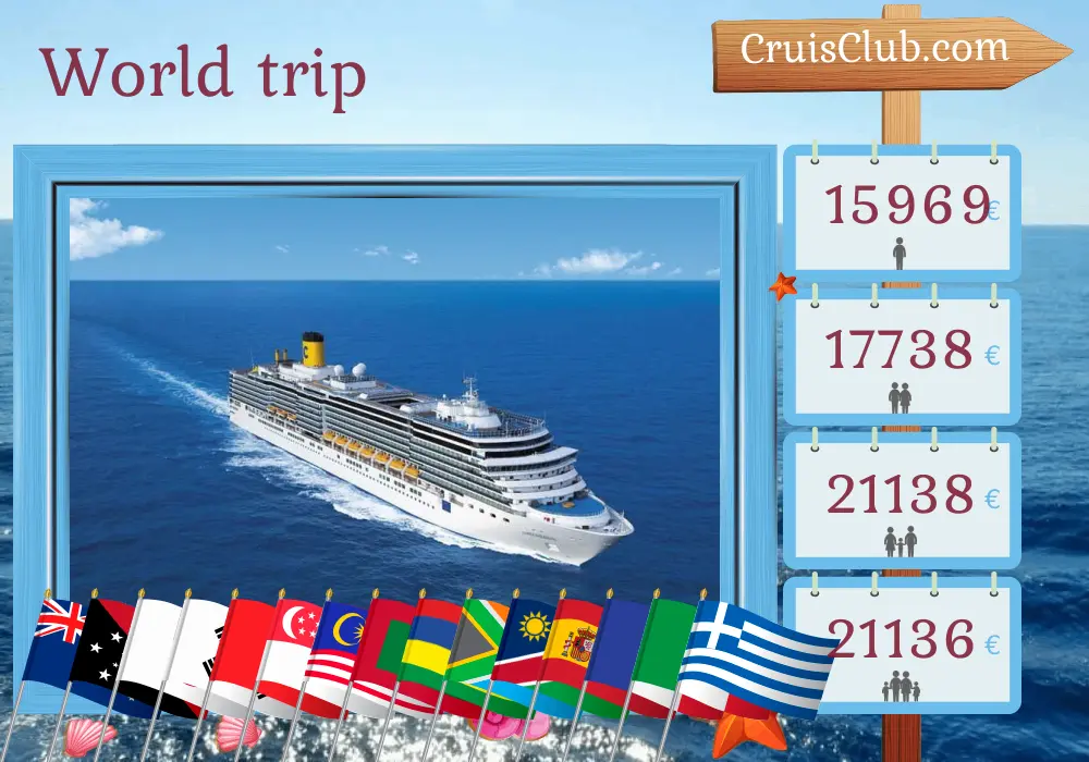Cruise in the World trip from Sydney to Trieste aboard Costa Deliziosa ship with visits to Australia, Papua New Guinea, Japan, South Korea, Taiwan, Hong Kong, Viet Nam, Singapore, Malaysia, Sri Lanka, Maldives, Mauritius, South Africa, Namibia, Spain, France, Italy, and Greece for 80 days