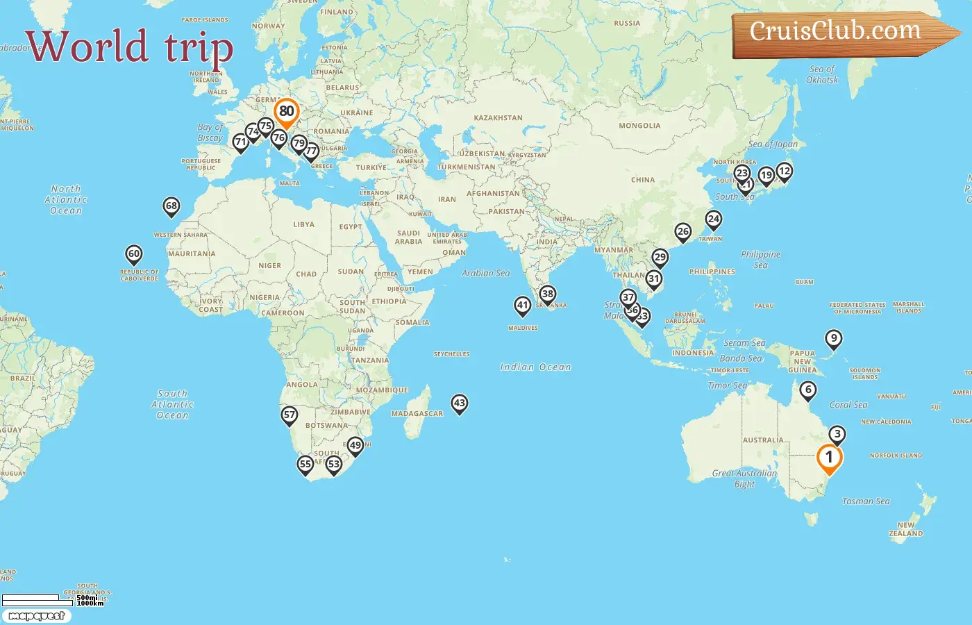 Cruise in the World trip from Sydney to Trieste aboard Costa Deliziosa ship with visits to Australia, Papua New Guinea, Japan, South Korea, Taiwan, Hong Kong, Viet Nam, Singapore, Malaysia, Sri Lanka, Maldives, Mauritius, South Africa, Namibia, Spain, France, Italy, and Greece for 80 days