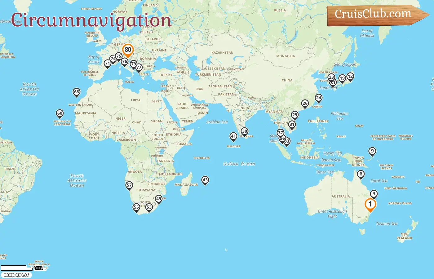 Croisière dans le monde de Sydney à Trieste à bord du navire Costa Deliziosa avec des visites en Australie, en Papouasie-Nouvelle-Guinée, au Japon, en Corée du Sud, à Taïwan, à Hong Kong, au Viêt Nam, à Singapour, en Malaisie, au Sri Lanka, aux Maldives, à l`île Maurice, en Afrique du Sud, en Namibie, en Espagne, en France, en Italie et en Grèce pendant 80 jours