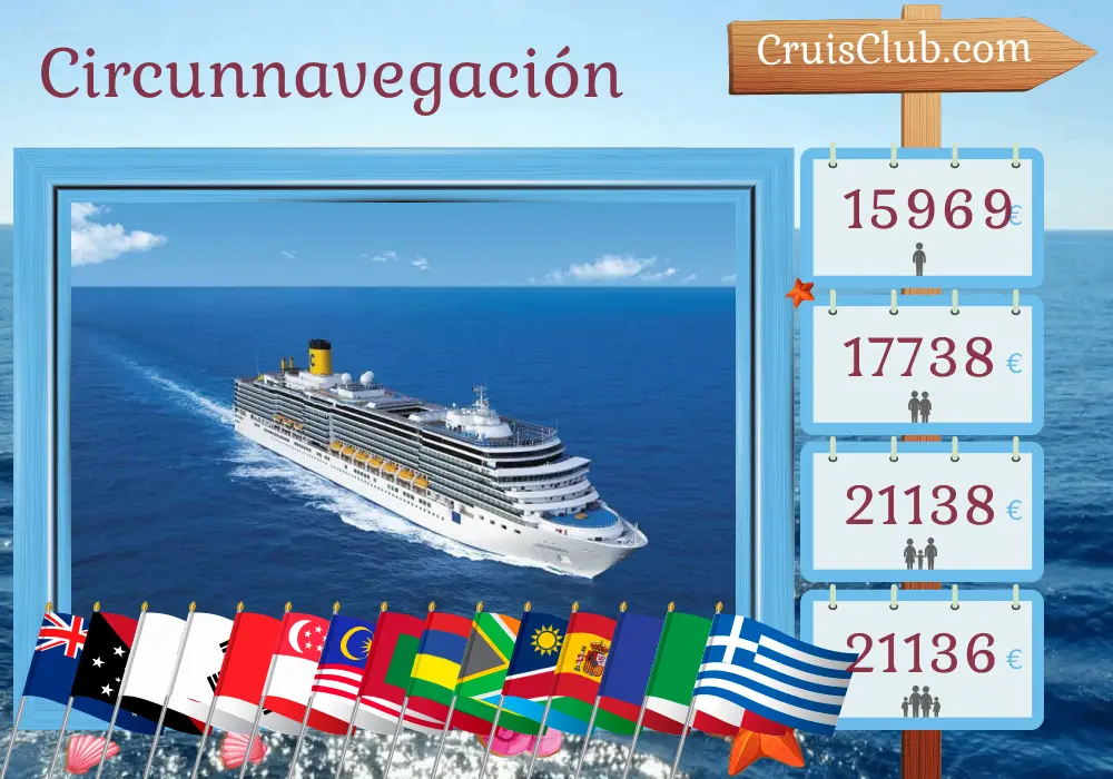 Crucero por el mundo desde Sídney a Trieste a bordo del barco Costa Deliziosa con visitas a Australia, Papúa Nueva Guinea, Japón, Corea del Sur, Taiwán, Hong Kong, Vietnam, Singapur, Malasia, Sri Lanka, Maldivas, Mauricio, Sudáfrica, Namibia, España, Francia, Italia y Grecia durante 80 días