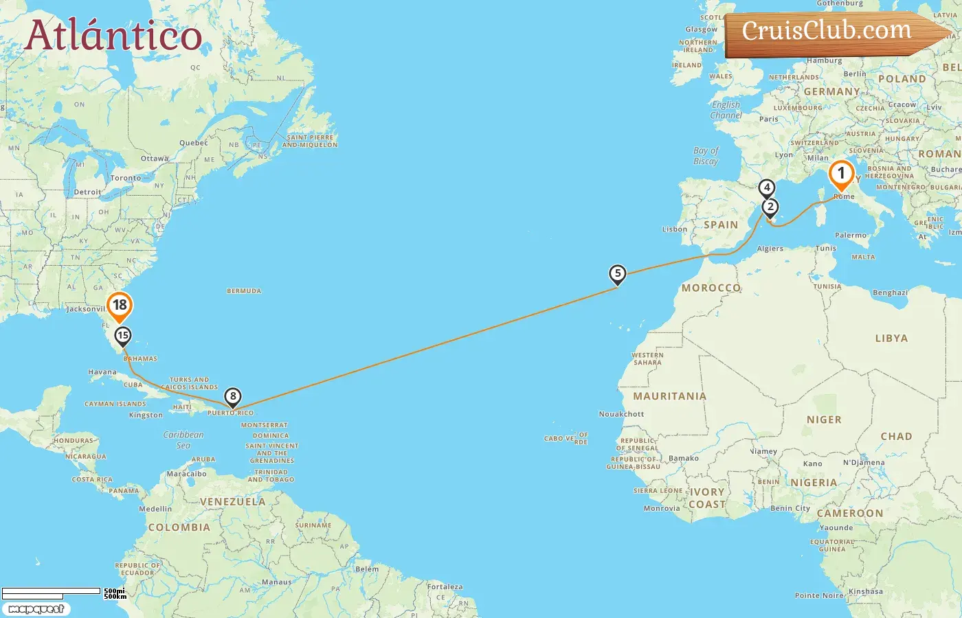 Crucero en el Transatlántico de Civitavecchia a Port Canaveral / Orlando a bordo del barco MSC Grandiosa con visitas a Italia, España, Puerto Rico y EE. UU. durante 18 días