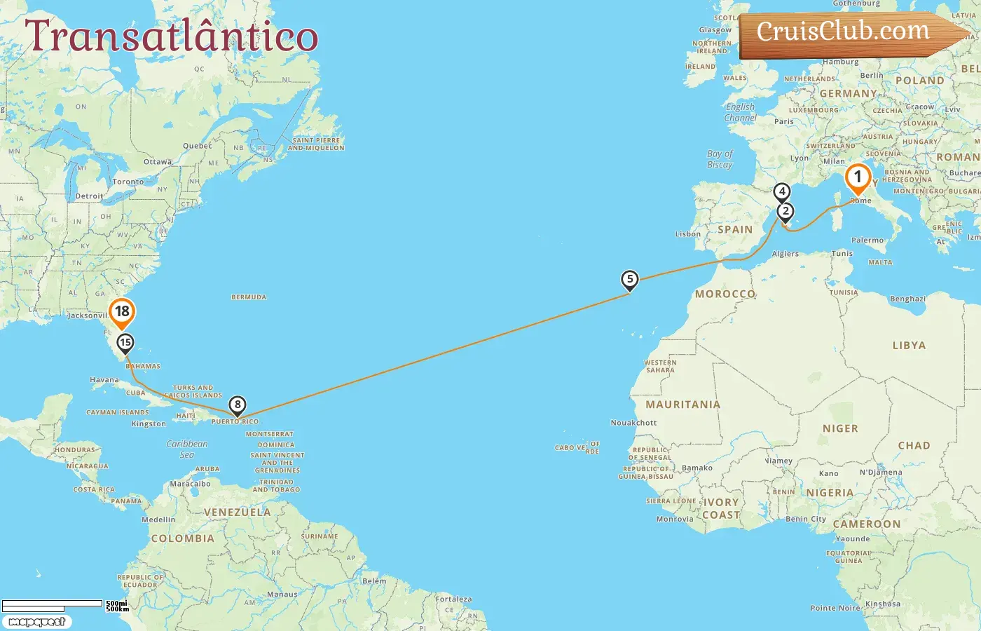 Cruzeiro no Transatlântico de Civitavecchia para Port Canaveral / Orlando a bordo do navio MSC Grandiosa com visitas à Itália, Espanha, Porto Rico e EUA por 18 dias