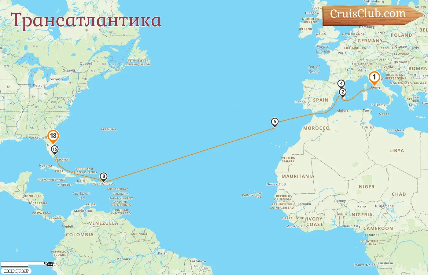 Круиз по Трансатлантике из Чивитавеккьи в Порт-Канаверал / Орландо на борту судна MSC Grandiosa с посещениями в Италии, Испании, Пуэрто-Рико и США продолжительностью 18 дней