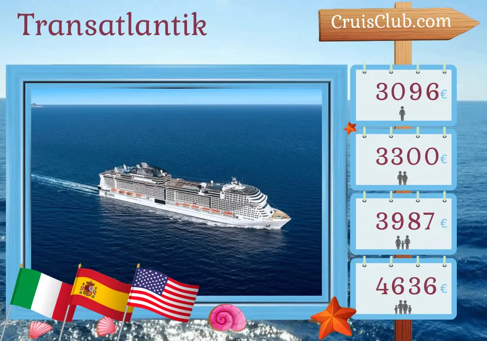 Kreuzfahrt im Transatlantik von Civitavecchia nach Port Canaveral / Orlando an Bord des MSC Grandiosa Schiffes mit Stopps in Italien, Spanien, Puerto Rico und den USA für 18 Tage