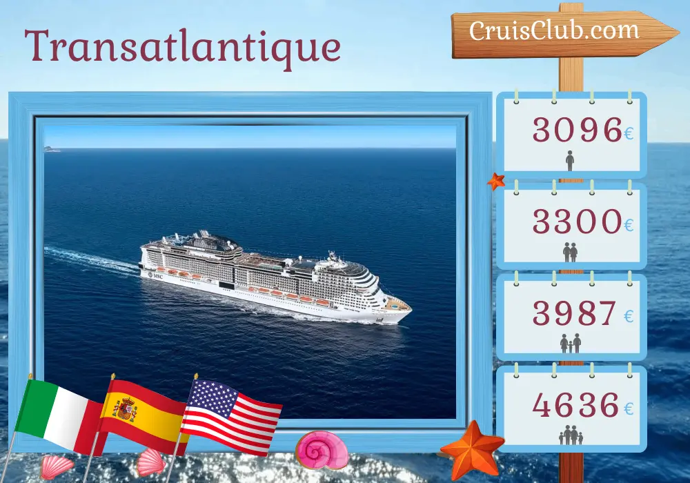 Croisière en transatlantique de Civitavecchia à Port Canaveral / Orlando à bord du MSC Grandiosa avec des escales en Italie, en Espagne, à Porto Rico et aux États-Unis pendant 18 jours