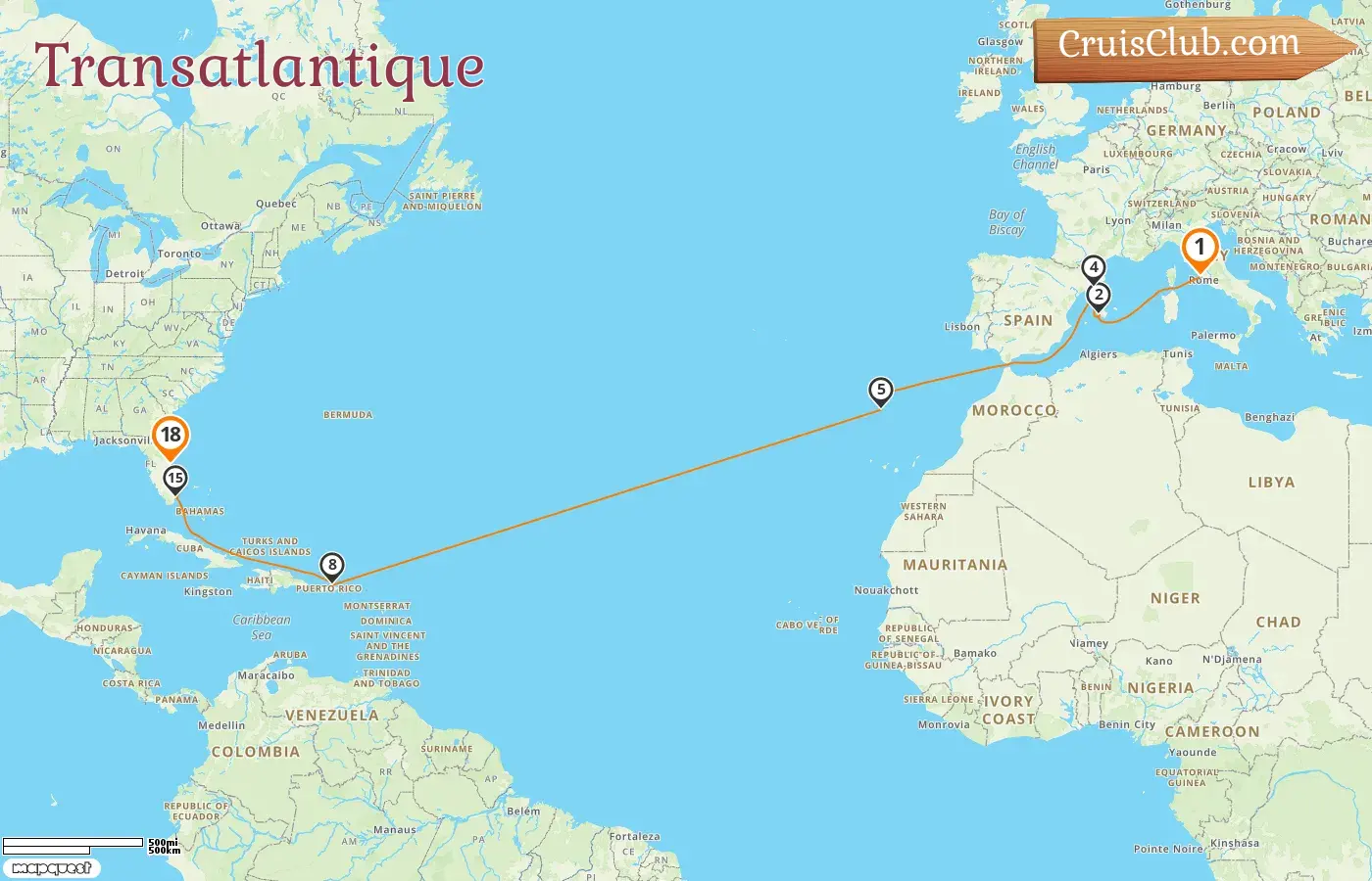 Croisière en transatlantique de Civitavecchia à Port Canaveral / Orlando à bord du MSC Grandiosa avec des escales en Italie, en Espagne, à Porto Rico et aux États-Unis pendant 18 jours