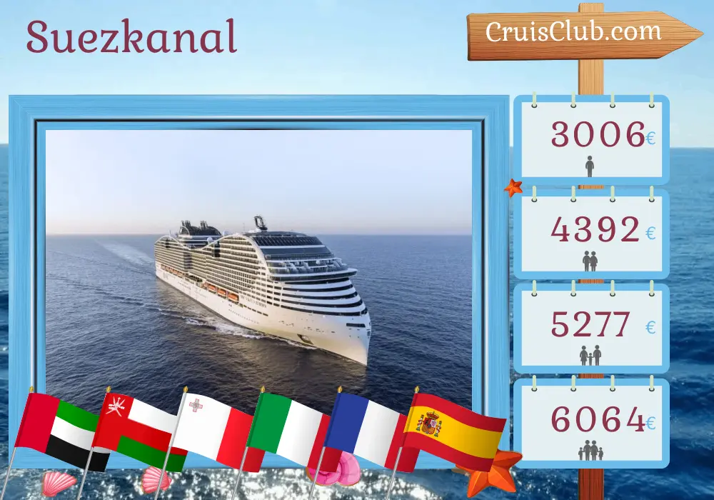 Kreuzfahrt im Suezkanal von Abu Dhabi nach Barcelona an Bord des MSC World Europa-Schiffs mit Stopps in den Vereinigten Arabischen Emiraten, Oman, Ägypten, Malta, Italien, Frankreich und Spanien für 20 Tage