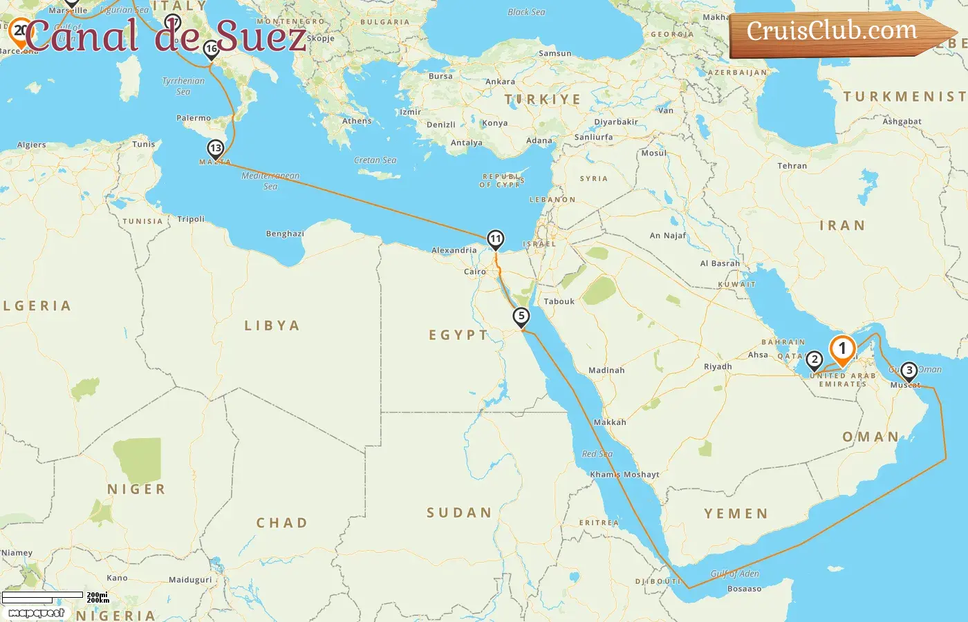 Croisière dans le canal de Suez d`Abou Dabi à Barcelone à bord du navire MSC World Europa avec escales aux Émirats arabes unis, à Oman, en Égypte, à Malte, en Italie, en France et en Espagne pendant 20 jours