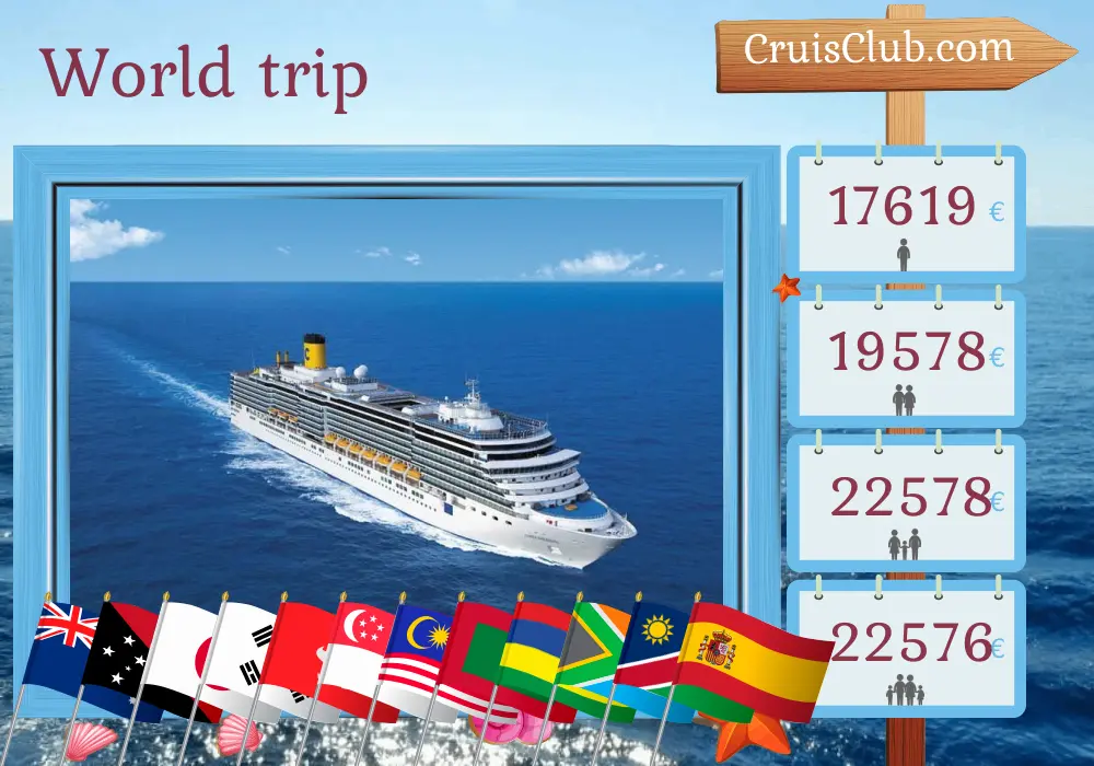 Cruise in the World trip from Sydney to Barcelona aboard Costa Deliziosa ship with visits to Australia, Papua New Guinea, Japan, South Korea, Taiwan, Hong Kong, Viet Nam, Singapore, Malaysia, Sri Lanka, Maldives, Mauritius, South Africa, Namibia, and Spain for 73 days