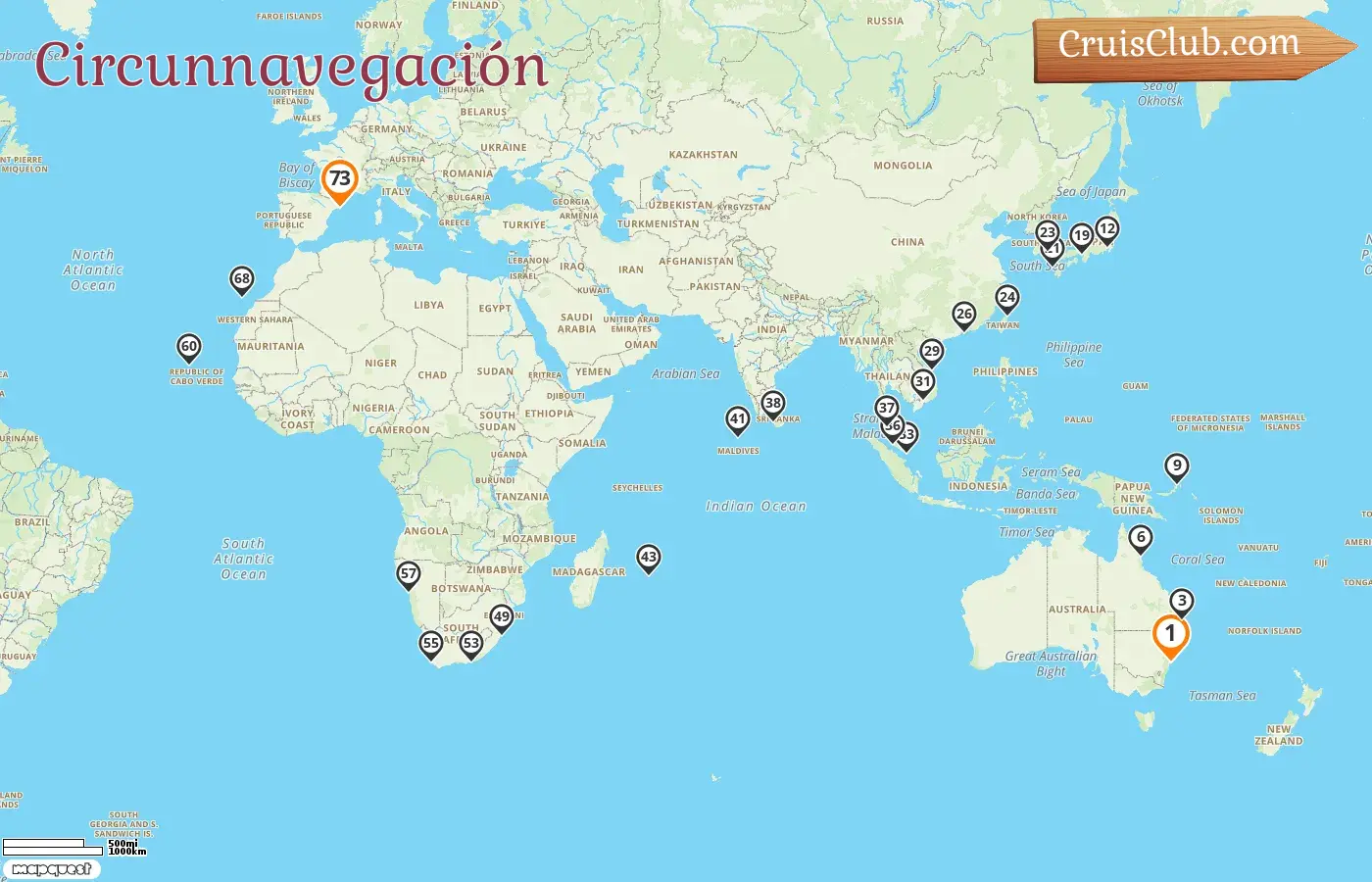Crucero en el viaje por el mundo desde Sídney a Barcelona a bordo del barco Costa Deliziosa con visitas a Australia, Papúa Nueva Guinea, Japón, Corea del Sur, Taiwán, Hong Kong, Vietnam, Singapur, Malasia, Sri Lanka, Maldivas, Mauricio, Sudáfrica, Namibia y España durante 73 días