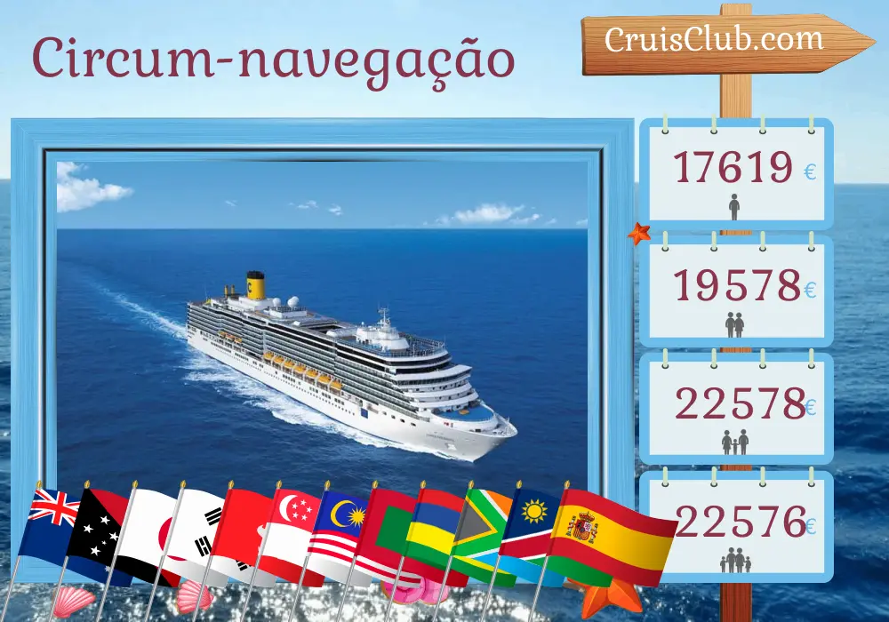 Cruzeiro no mundo de Sydney a Barcelona a bordo do navio Costa Deliziosa com visitas à Austrália, Papua Nova Guiné, Japão, Coreia do Sul, Taiwan, Hong Kong, Vietnã, Cingapura, Malásia, Sri Lanka, Maldivas, Maurícia, África do Sul, Namíbia e Espanha por 73 dias